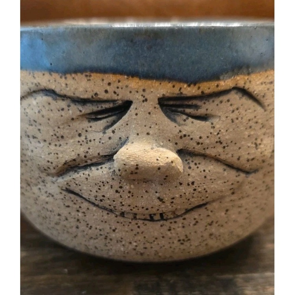 Whimsical Ceramic Face Shaving Mug Bowl Hand Thrown Signed Art Pottery Blue Rim - Picture 2 of 11